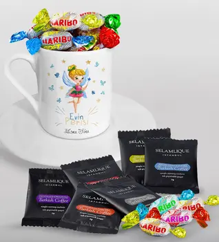 

Personalized House Fairy Turkish coffee Cup Selamlique Mixed Turkish Coffee House and Haribo Candy Gift Seti-1