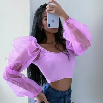 

2020 Summer Women Organza Ruffled Sleeve Solid Color Casual Club Short T-shirt Tops Vintage Tee Korean Style Women Clothes 2019