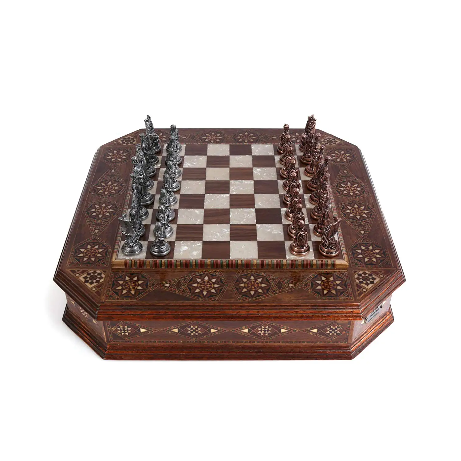 US $444.90 Antique Copper Troy Figures Metal Chess Set Handmade Pieces Octagon Natural Solid Wooden Board and Storage Inside