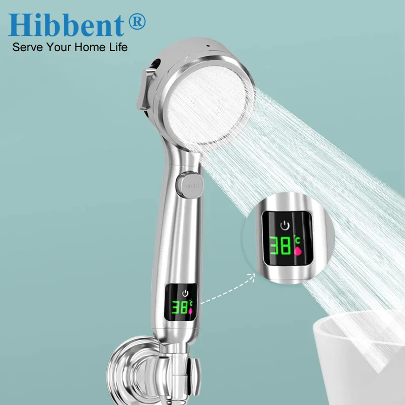 Hibbent New Temperature Display Shower Head Handheld No Charging