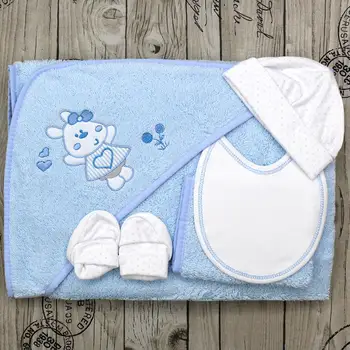 

Juego de recién Nacido para niñas y niños - 4 Piezas -Toalla- Sombrero + Babero + Manoplas - Made in EU