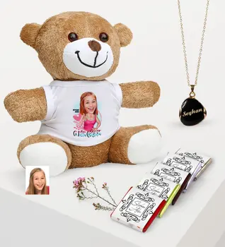

Personalized Caricature Of Plush Teddy Bear Enamel necklace And Chocolate Gift set-4
