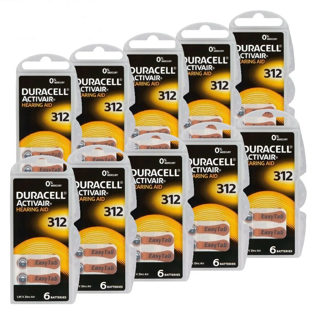 

60 DURACELL ACTIVAIR 312 HEARING AID BATTERIES ZINC AIR 1.45V MERCURY FREE MADE IN GERMAN