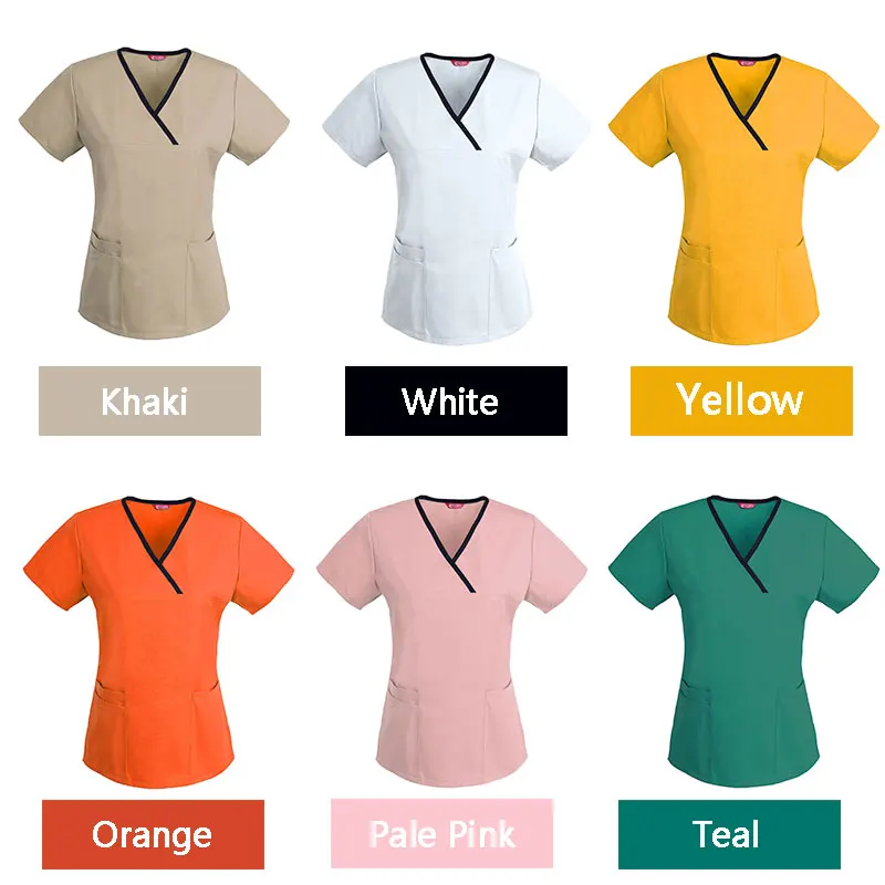 Women's Scrub Tops Nursing Uniform Blouse Short Sleeve Top with Pockets