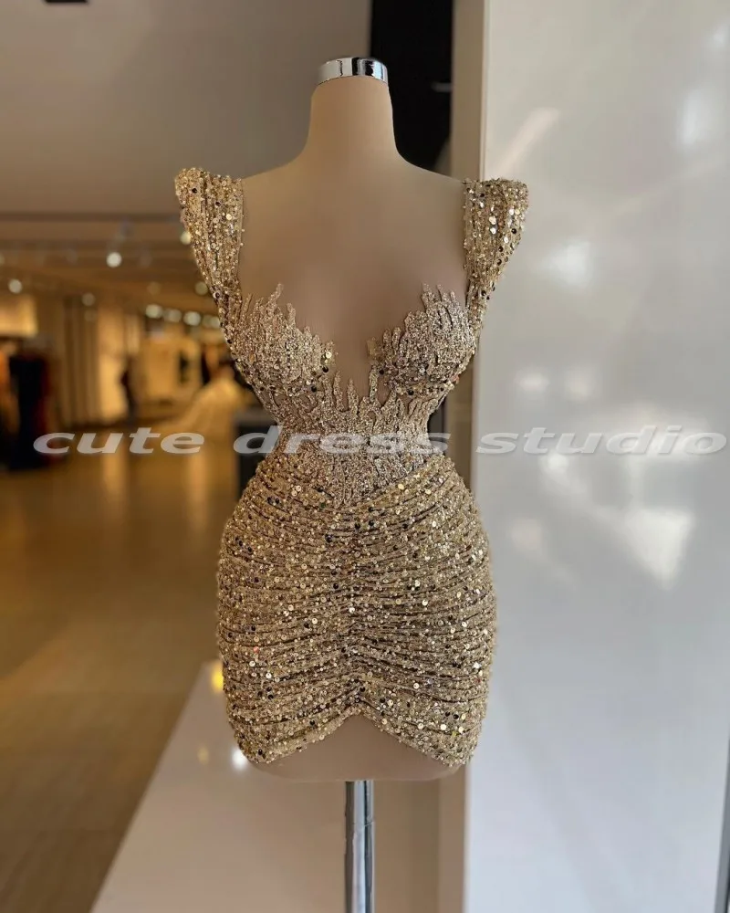 Sparkly Mini Cocktail Dresses For Women Sequin Applique Short Birthday Party Dress vestido de fiesta de boda Prom Gowns