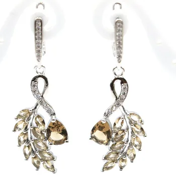 

46x16mm SheCrown Lovely Leaf Shape Created Smokey Topaz CZ Gift For Girls Daily Wear Silver Earrings Drop Shipping