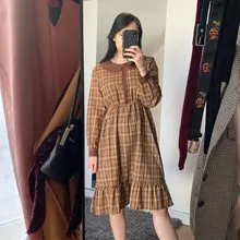 Plaid Dress Peter-Pan-Collar Long-Sleeve Autumn-Style Mori-Girl Cute Kawaii Fashion Lady