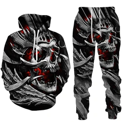 Outono inverno crânio agasalho 3d impressão hoodies calças define unisex gótico esportiva casual pulôver moletom roupas masculinas
