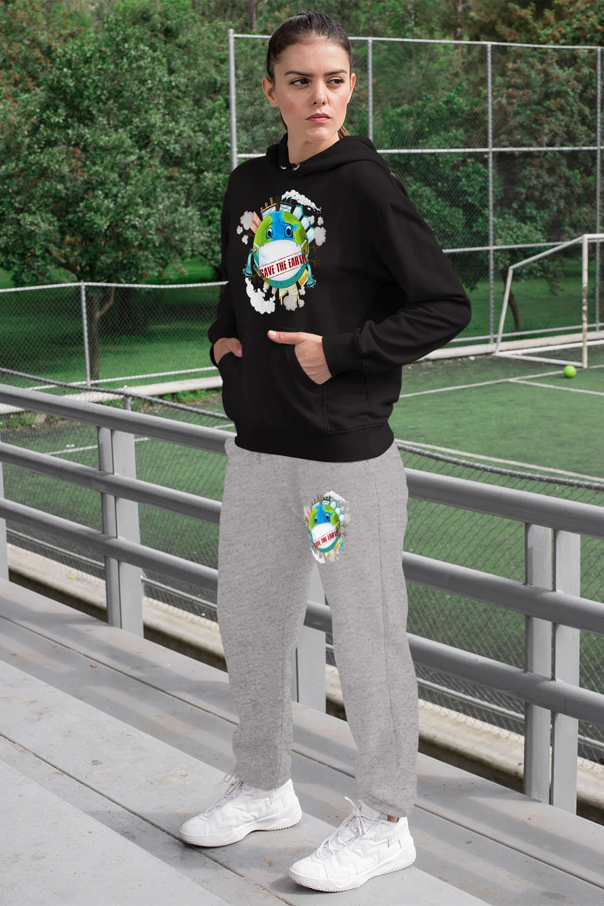 Женский спортивный костюм Angemiel Wear Save The Earth Panda Черный свитшот с капюшоном серые