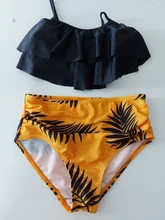 Bañador de 5 a 14 años para niña, traje de baño para niña con estampado de hojas, Bikini de chica adolescente, traje de baño con Top de cuello Halter para niña Falbala