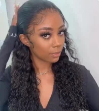 Pelucas rizadas de cabello humano de 30 pulgadas, pelo 13x6 con rizos profundos, onda de encaje, de cabello humano, brasileño, sin pegamento, nudos blanqueados pre-arrancados, para mujeres negras