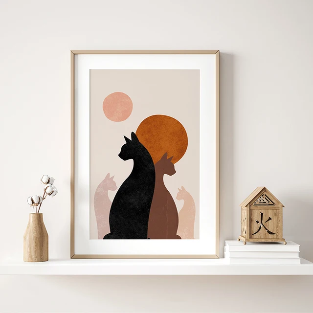 Peinture sur toile de bol de soleil Boho abstrait impression de chats noirs art mural d