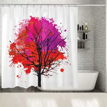 

Shower Curtain Colorful Tree with Paint Stains Branches Leaves in Fuchsia Red Black Colors Silhouette Artistic Decor