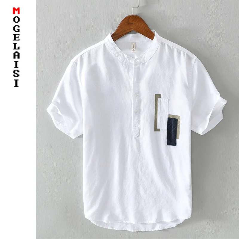White Shirt Chemise Short-Sleeve Summer Stitching Man Fashion New Linen Homme Tops Breathable