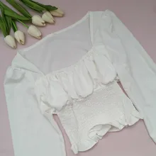 Short Blouses Womens Tops Long-Sleeve Vintage Square-Collar Casual Simple New Bow Solid