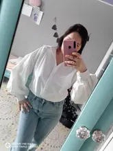 Blusa con manga de linterna para mujer, camisa holgada con botones a la moda para primavera y otoño, Color liso