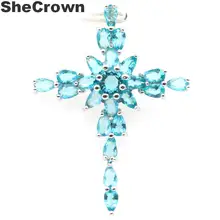 45x33 мм классический крест создан насыщенный Синий Аквамарин подарок для женщин серебряный кулон