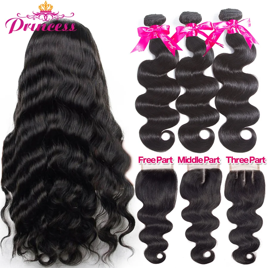 Cheap Hair Weave Closure Human-Hair-Bundles Body-Wave Beautiful Princess Brazilian with Lace 76o63gMw