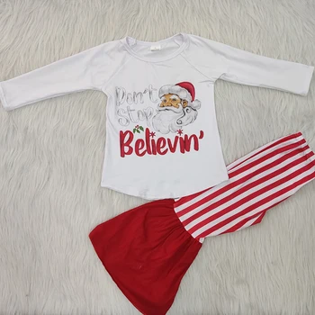 

Baby girls Christmas believe santa long sleeve white t shirt red striped pants bell bottom design kids boutique outfits clothing