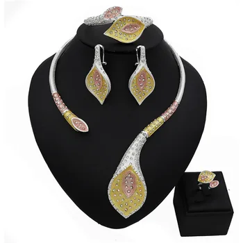 

TSROUND African Three Tones Jewelry Statement Set Bijoux Inoxydable Femme Nigerian Bridal Necklace Set