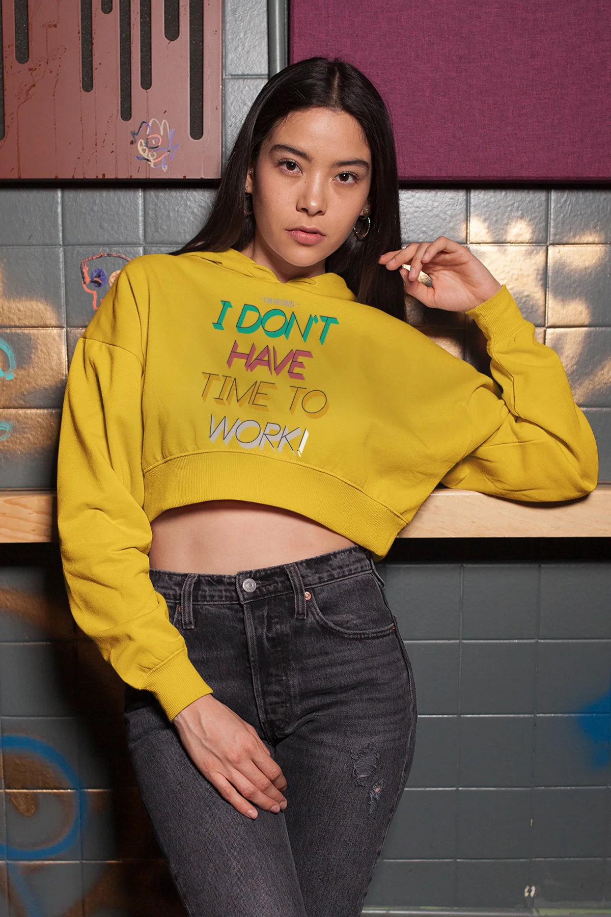 Angemiel Wear I Dont Have Time The Work Yellow Short Hooded Sweatshirt | Женская одежда