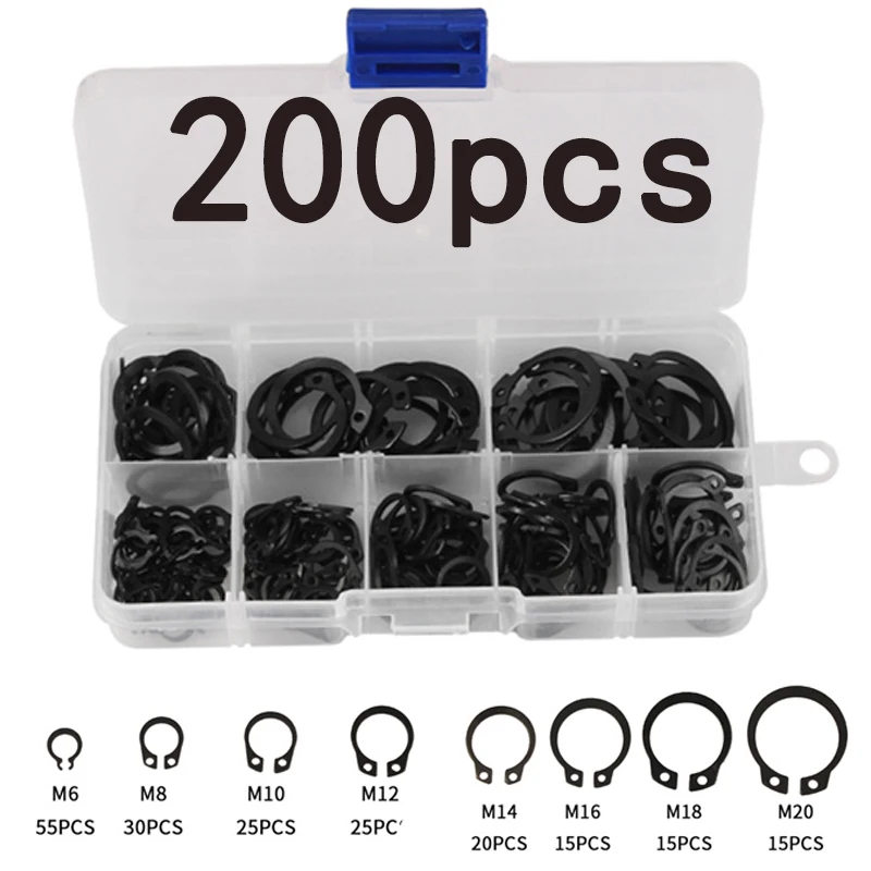 

200Pcs Internal External Retaining Circlips M6-M20 C-clip Washers Snap Retaining Ring Carbon Steel Assortment Kit