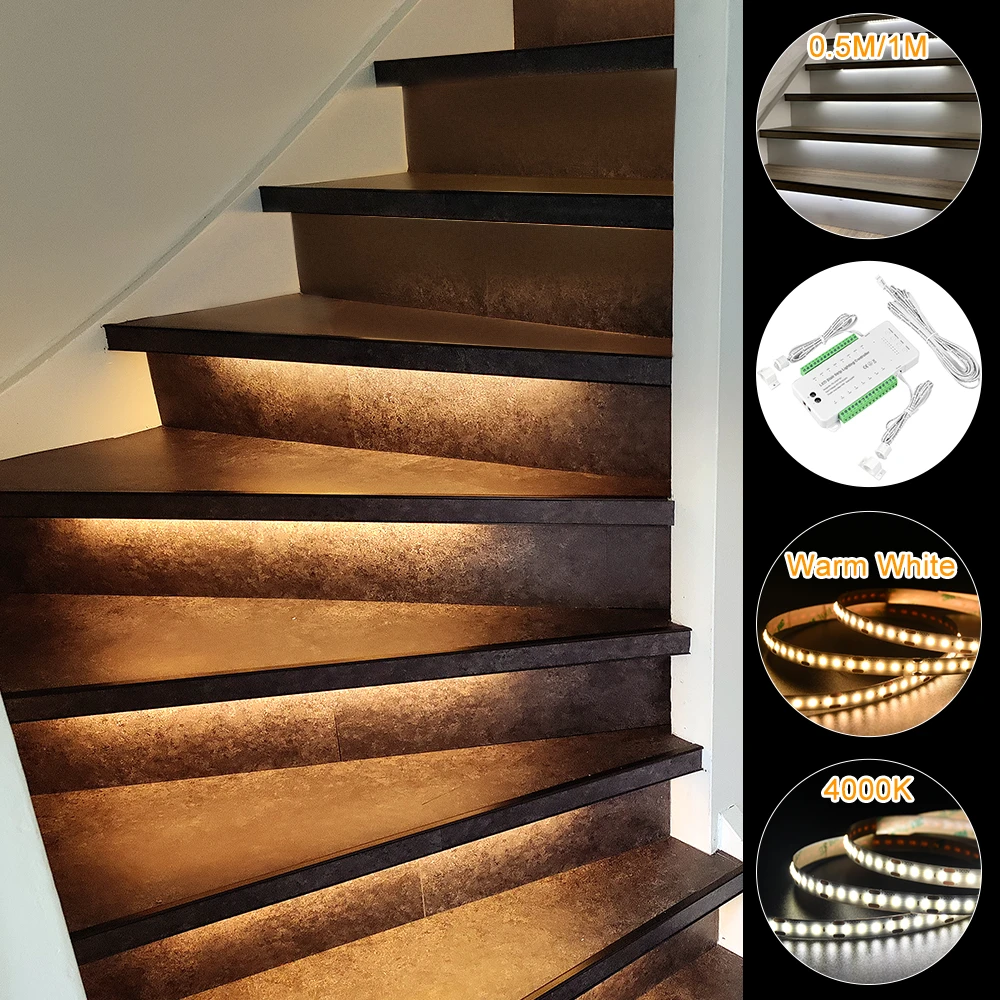 16 Steps 0.5m 1m Dual Motion Sensor Led Strip Stair Lighting Moving Effect  For Staircase-plug And Play - Led Strip - AliExpress