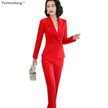 

2 piece Sets Women Red White Black Pant Suits Office Uniform Designs Elegant Business Work Wear Jacket with Trouser Pant