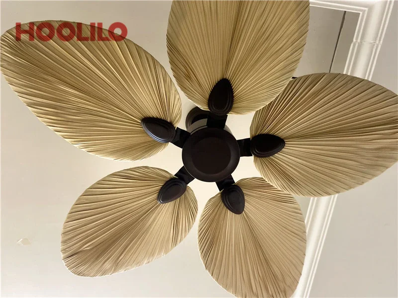 New High Quality 52inch Factory Price Natural Breeze Palm Leaf Fan Blades 220V Remote Control Ceiling Fan Living Room