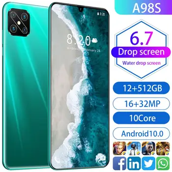 

2020 New A98s 12+512GB Memory 5G LET Mobile Phone 6.7inch Drop Screen FHD+ MTK6799 Smartphone 16MP+32MP Camera 5600mAh Cellphone