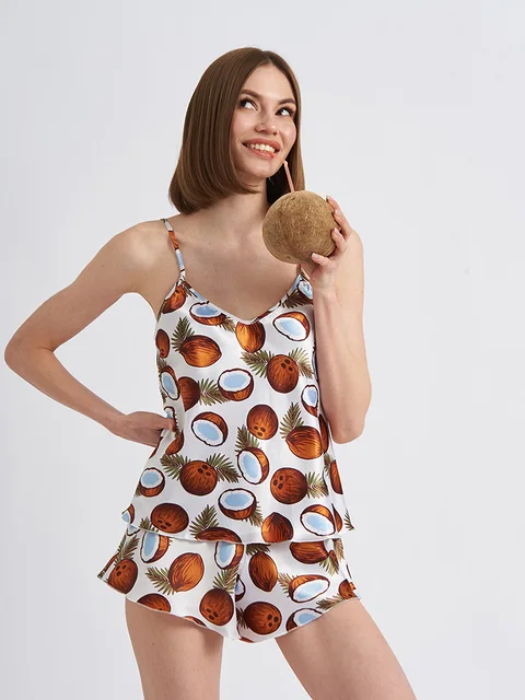 Атласная женская пижама с шортами и топом, легкий комплект домашней одежды, одежда для сна с шелковым блеском и ярким рисунком! 1