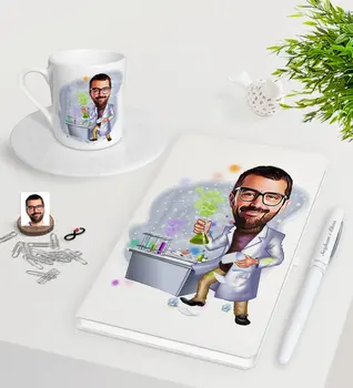 

Personalized Men 'S Chemistry Teacher Caricature Of White Notebook Pen Turkish Coffee Cup Seti-2