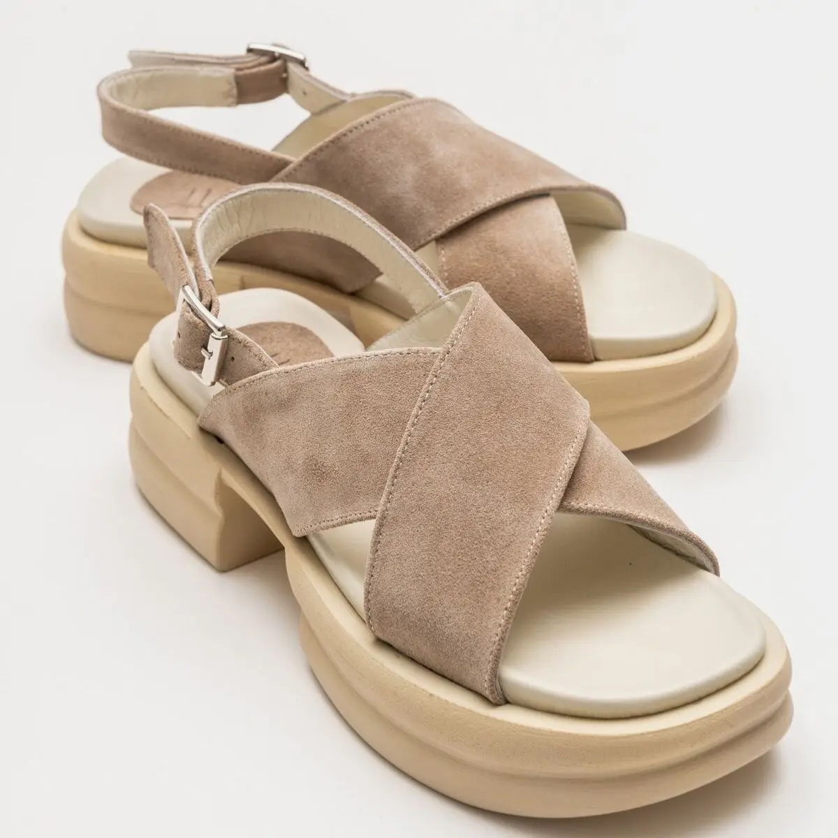 

Poshnmore Gers Genuine Leather Suede Rubber Light Sole Stripe Ankle Clasp Women's Sandals Beige Taba High Platform Sole Women Sh