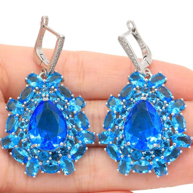 

47x29mm Jazaz Super Big European Big Heavy 13.8g Paris Blue Topaz Pink Kunzite Women Dating 925 Solid Sterling Silver Earrings