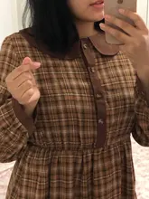 Plaid Dress Peter-Pan-Collar Long-Sleeve Autumn-Style Mori-Girl Cute Kawaii Fashion Lady