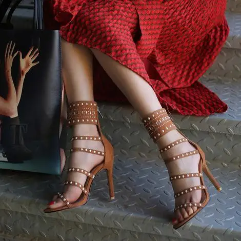 

Bead Brown Strappy Heels Shoes Open Toe Cut Out Gladiator Booties Studded High Vamp Thin Heeled Rhinestone Sandals Pears Shoes