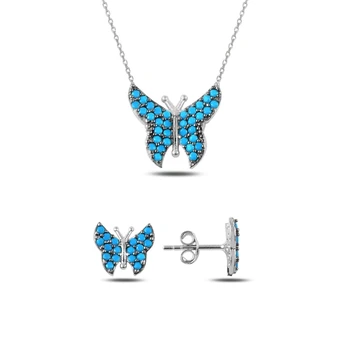 

Kutaydan Nano Turquoise Stone Butterfly 925 Sterling Silver Set Made in Turkey