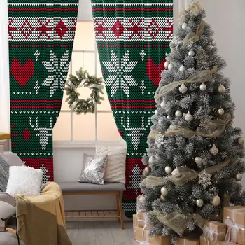 

Curtain Knitted Christmas Pattern Snowflakes with Pine Trees Reindeer Horns Heart Shapes Artwork Red Green