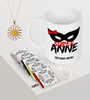 

Personalized Super Mom Mug Chocolate Daisy Necklace Seti-1