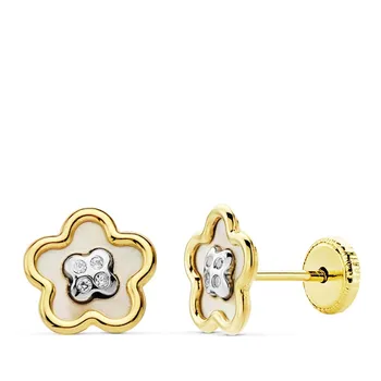 

Earrings 18k gold two-color flower mother-of-pearl 8mm. Zircons [AB4709]