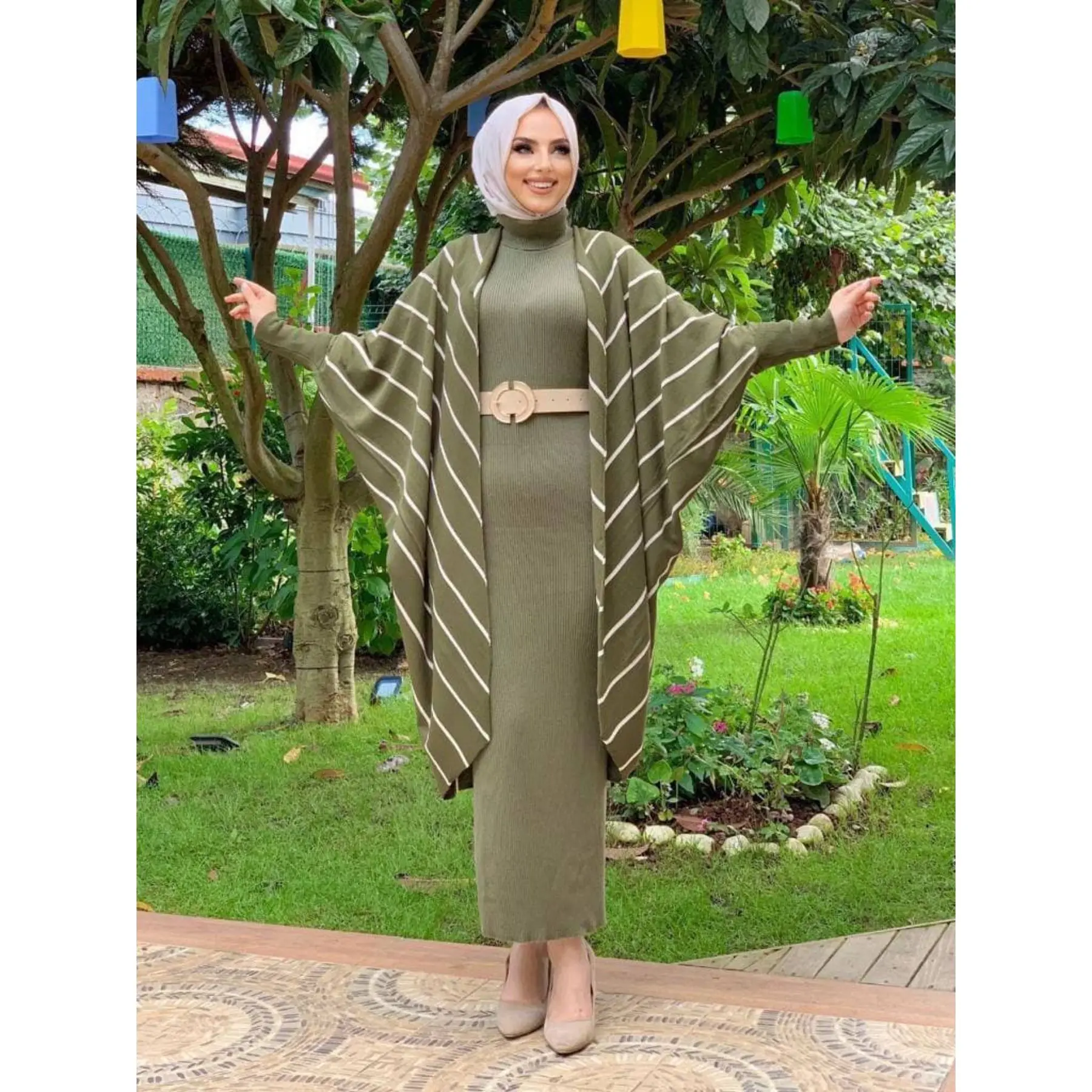 2 Piece Women's Set Stipe Patterned Maxi Dress and Bat wing Sleeve Cardigan Knitted Suit Turkish New Colors Muslim Clothing |