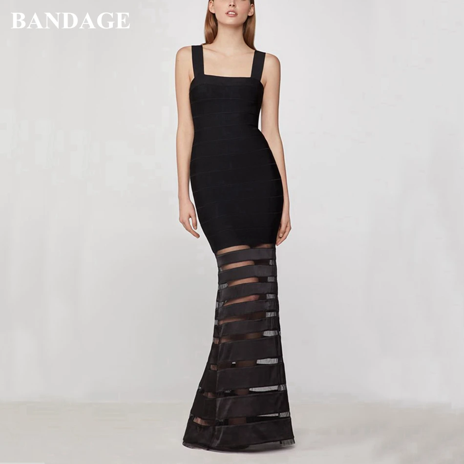

BANDAGE Summer Women Mermaid Bodycon Vestidos Black Maxi Rayon Bandage Dress New Arrival Spaghetti Strap Evening Party Dress