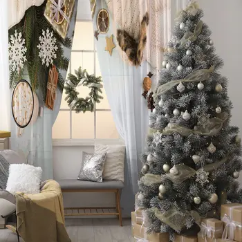 

Curtain Pine Tree Branches Cones Marshmallows and Wrapped Gift on Wooden Table Photo Beige White Green