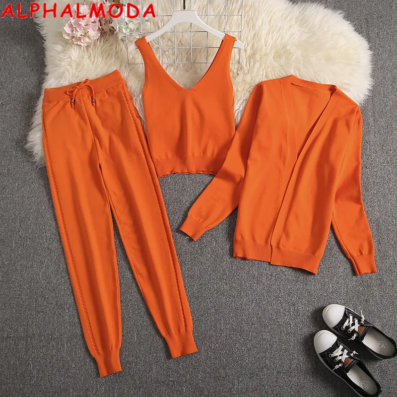 ALPHALMODA, весенний вязаный кардиган ярких цветов+ камзол+ штаны, модный костюм из 3 предметов, Женский сезонный стильный комплект одежды