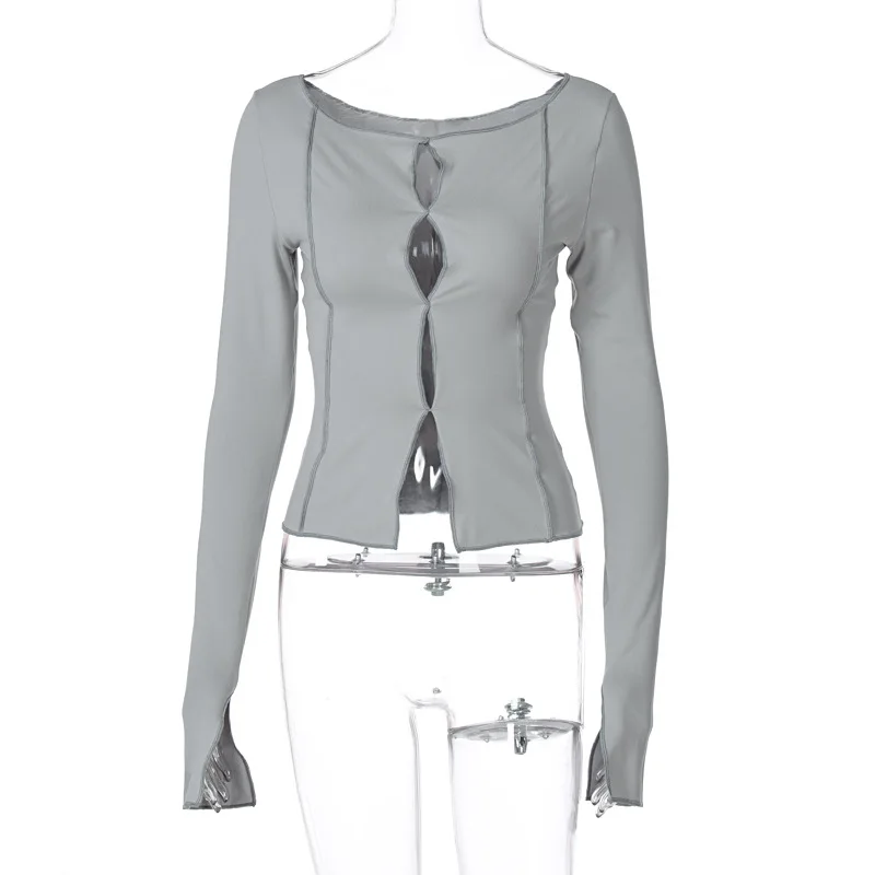 ALLNeon Y2K Aesthetics Hollow Out Stitch Long Sleeve T-shirts E-girl Vintage Solid O-neck Cropped Tops 90s Fashion Streetwear