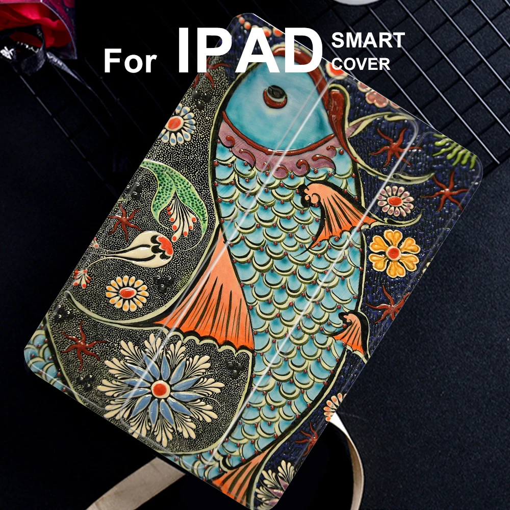 

Retro Art Fish Flip Cover case For iPad Pro 9.7 air 10.5 Air2 Mini 2 3 4 5 2019 Tablet Case Soft back For New ipad 9.7 2017 2018