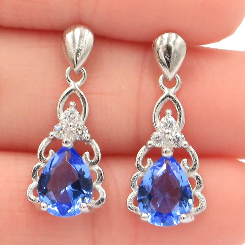 

Charming Drop Shape Rich Blue Violet Tanzanite CZ Gift For Sister Silver Earrings 24x10mm