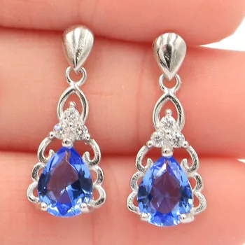

Charming Drop Shape Created Rich Blue Violet Tanzanite CZ Gift For Sister Silver Earrings 24x10mm