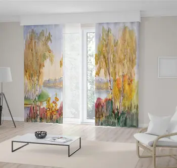

Curtain Birch Trees Yellow Leaves Red Bushes River by Water Basin Autumn Day Nature Painting Artistic Home