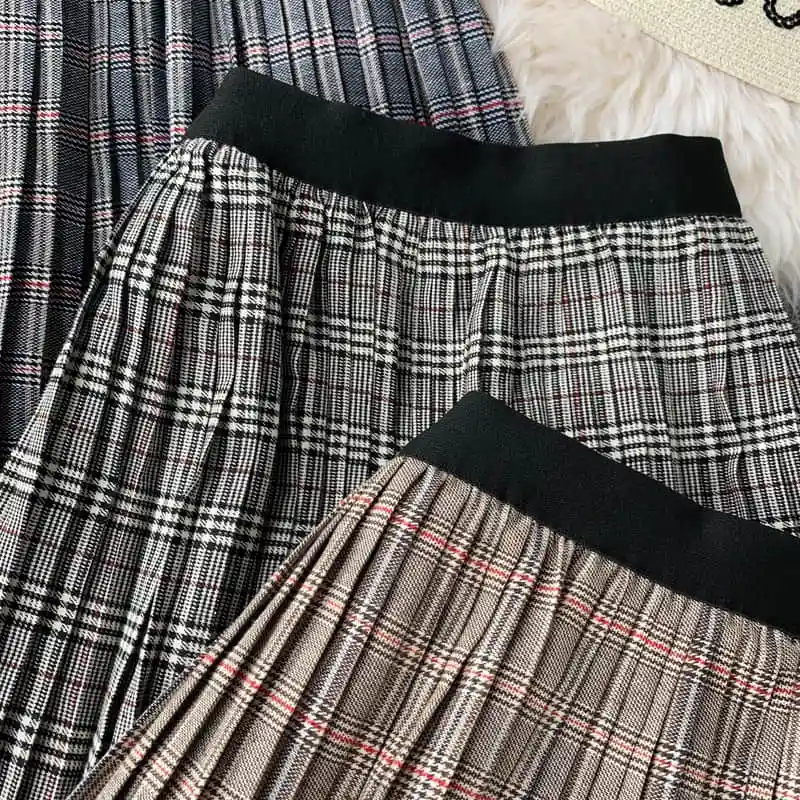 NiceMix Винтаж Harajuku клетчатая Высокая талия женские плиссированные юбки осенние длинные юбки эластичная талия линия лоскутное кружево Faldas Muje